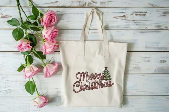 Retro Merry Christmas Script with Tree Embroidery Design